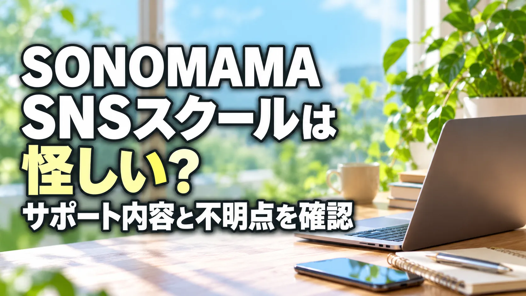 明るい窓辺のデスクにノートパソコンやスマートフォンを配置し、SONOMAMA SNSスクールのサポート内容と不明点を確認する記事を表したアイキャッチ画像。