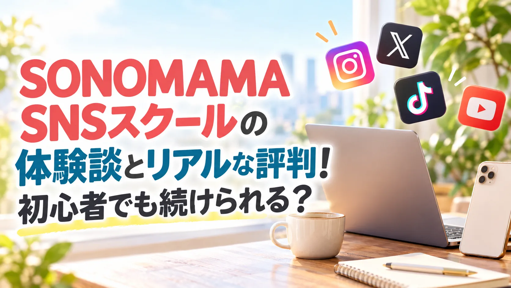 明るい作業デスクとSNSを象徴するアイコンを背景に、SONOMAMA SNSスクールの体験談とリアルな評判を紹介するアイキャッチ画像です。